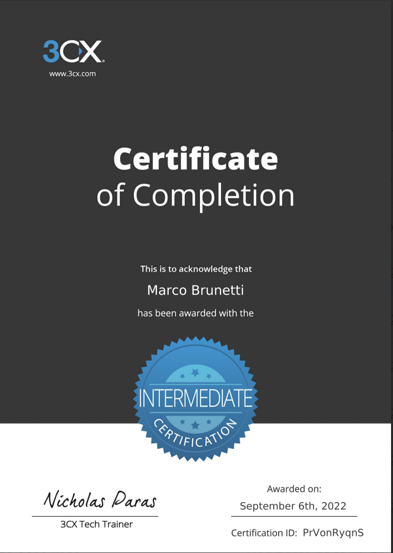 Certificato 3CX Intermediate